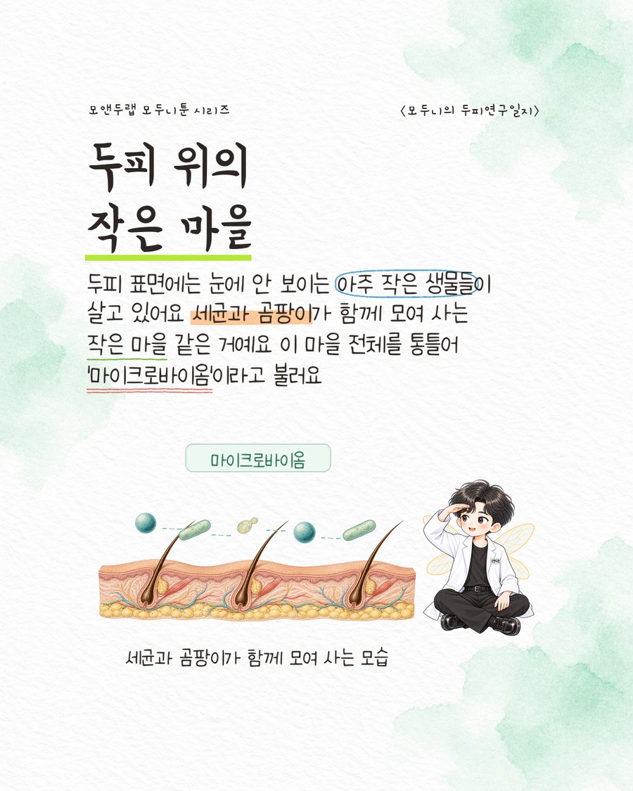 두피 표면 위에 작은 둥근 오두막(세균)과 타원형 오두막(곰팡이·효모) 몇 채가 점선 길로 이어진 작은 마을처럼 모여 있고, 그 옆에 '마이크로바이옴' 라벨 박스가 있는 그림. 캐릭터가 손으로 눈을 가리고 마을을 들여다보고 있다