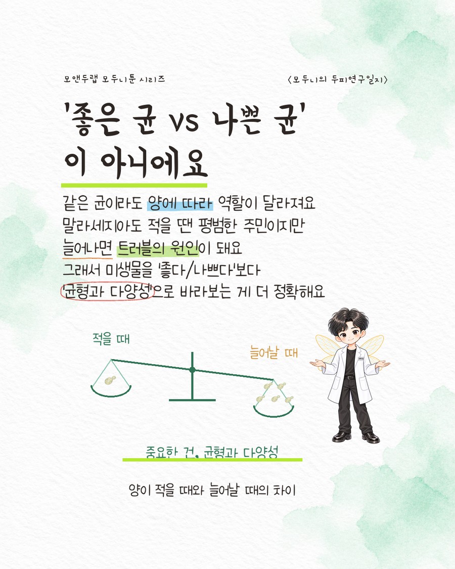 저울 아이콘. 왼쪽 접시에는 옅은 색 타원 효모 아이콘 한두 개가 '적을 때' 라벨과 함께 놓여 있고, 오른쪽으로 기운 접시에는 같은 효모 아이콘 여러 개가 다닥다닥 모여 '늘어날 때' 라벨과 옅은 호박색 경고 톤으로 표현돼 있다. 아래 '중요한 건, 균형과 다양성'이라는 초록 밑줄 문구가 있다